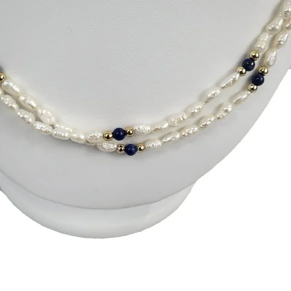 Vintage Pearl Double Necklace with Blue & Gold Beads - Picture 2 of 2